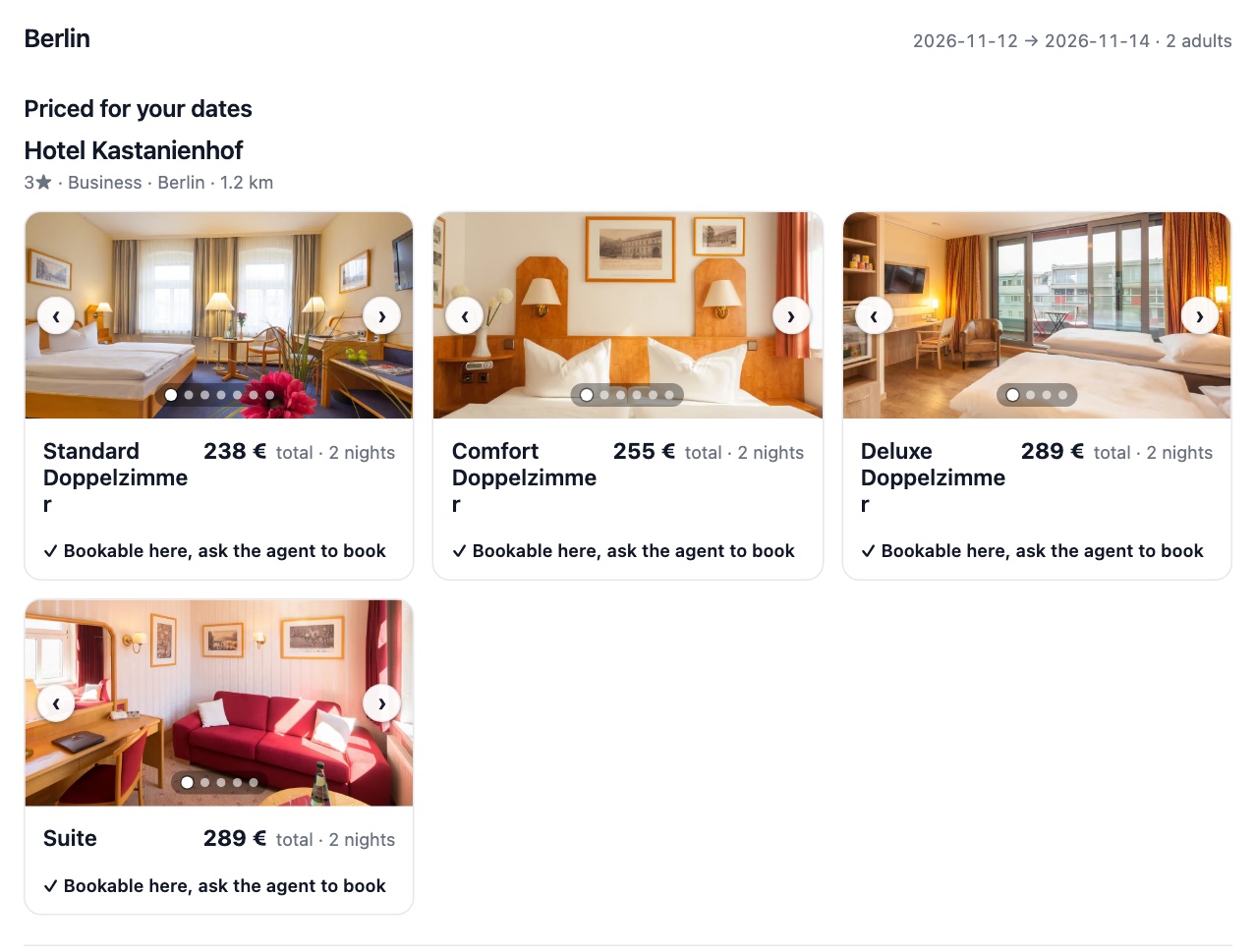 Die Ergebniskarte zur Berlin-Frage: Hotel Kastanienhof, ein 3-Sterne-Haus in Berlin, 1,2 km entfernt, mit vier Zimmern mit Preisen für die zwei Nächte von 238 bis 289 Euro, jeweils mit Fotos und als buchbar markiert.
